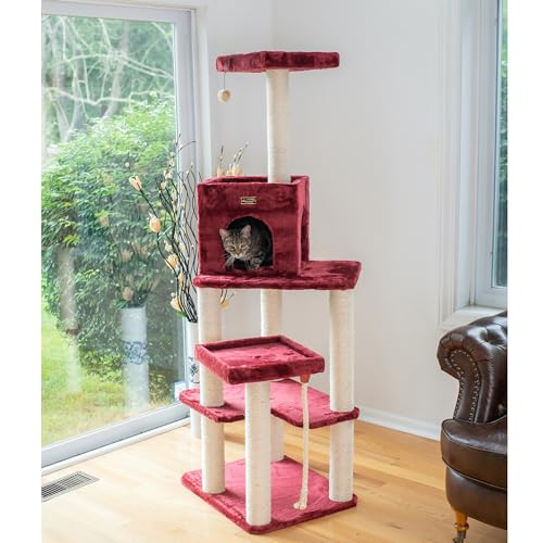 Armarkat Real Wood Cat Tower with Faux Fur Cat Condo, Burgundy D462