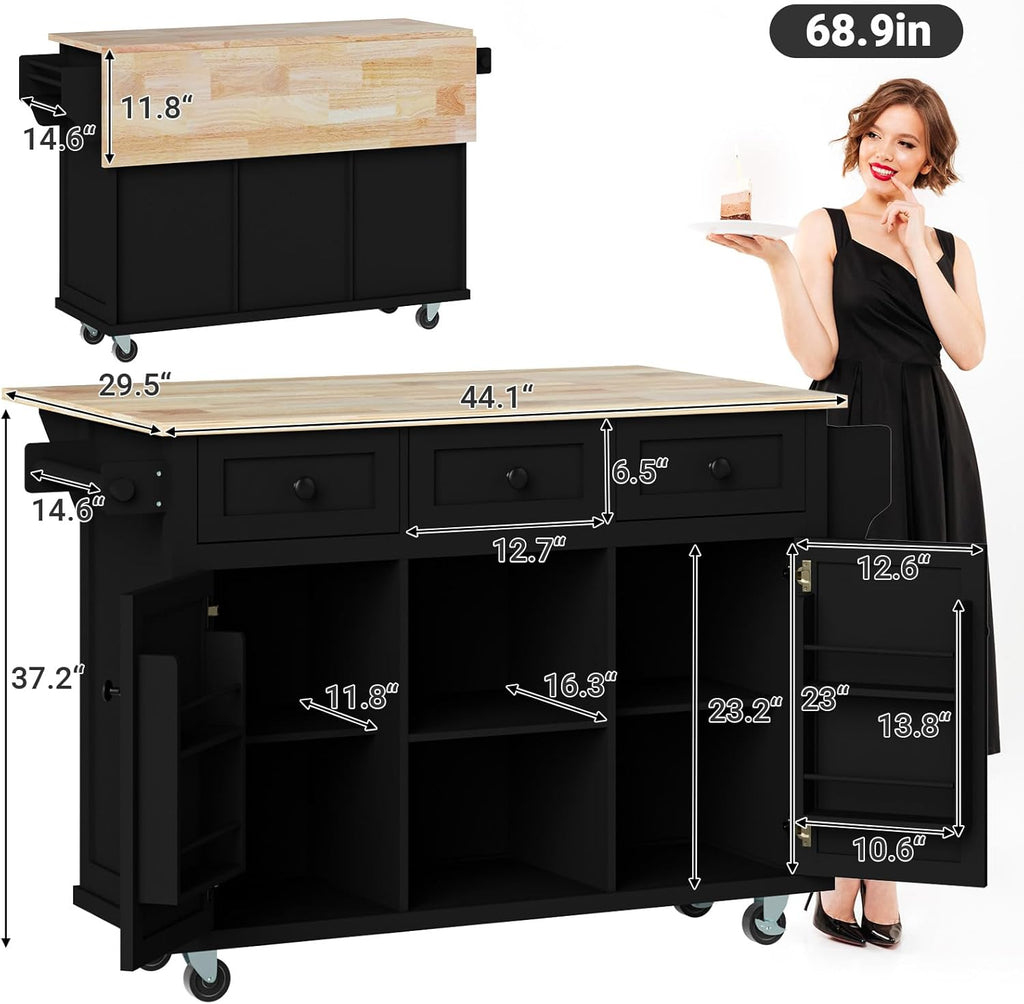 Rolling Kitchen Island with Drop Leaf, Storage, Drawer and Cabinet, 53in, Black C32769