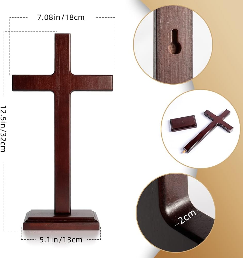 KUXBET Wooden Wall Cross with Stand 12.5 Inch for Hanging or Standing Home Decor H309191