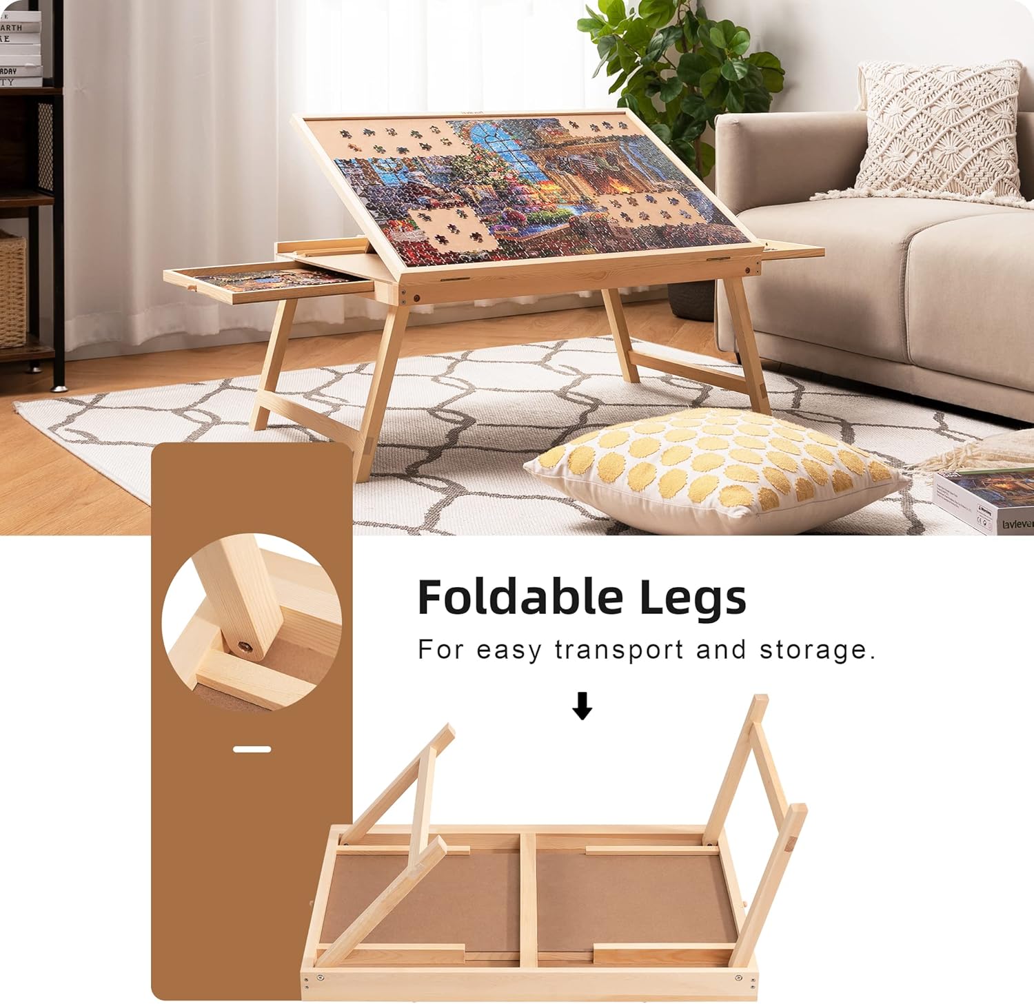 Lavievert Tilting Puzzle Table with 2 Drawers, Adjustable Wooden Board for 1000 Pieces D213
