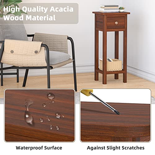 GORELAX Narrow End Table, Tall Nightstand with Drawer & Shelf, Anti-Tipping Device, White X723