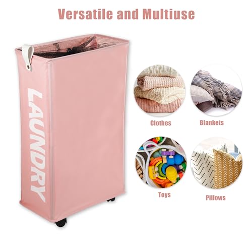 VOCOSTE Rolling Laundry Basket with Wheels, 55L Slim Hamper, Green A193