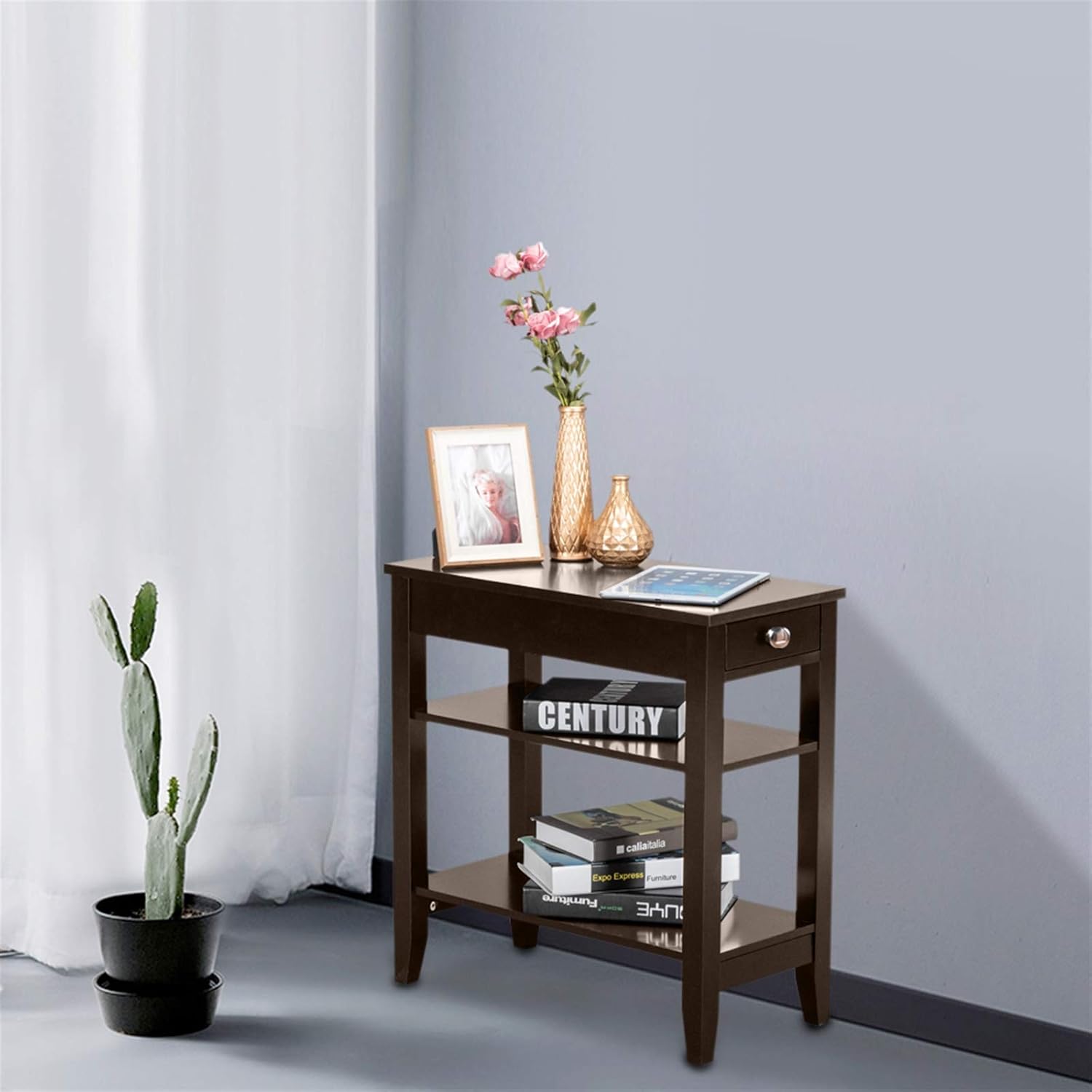 Brown End Table with Drawer and 2-Tier Storage Shelves T491