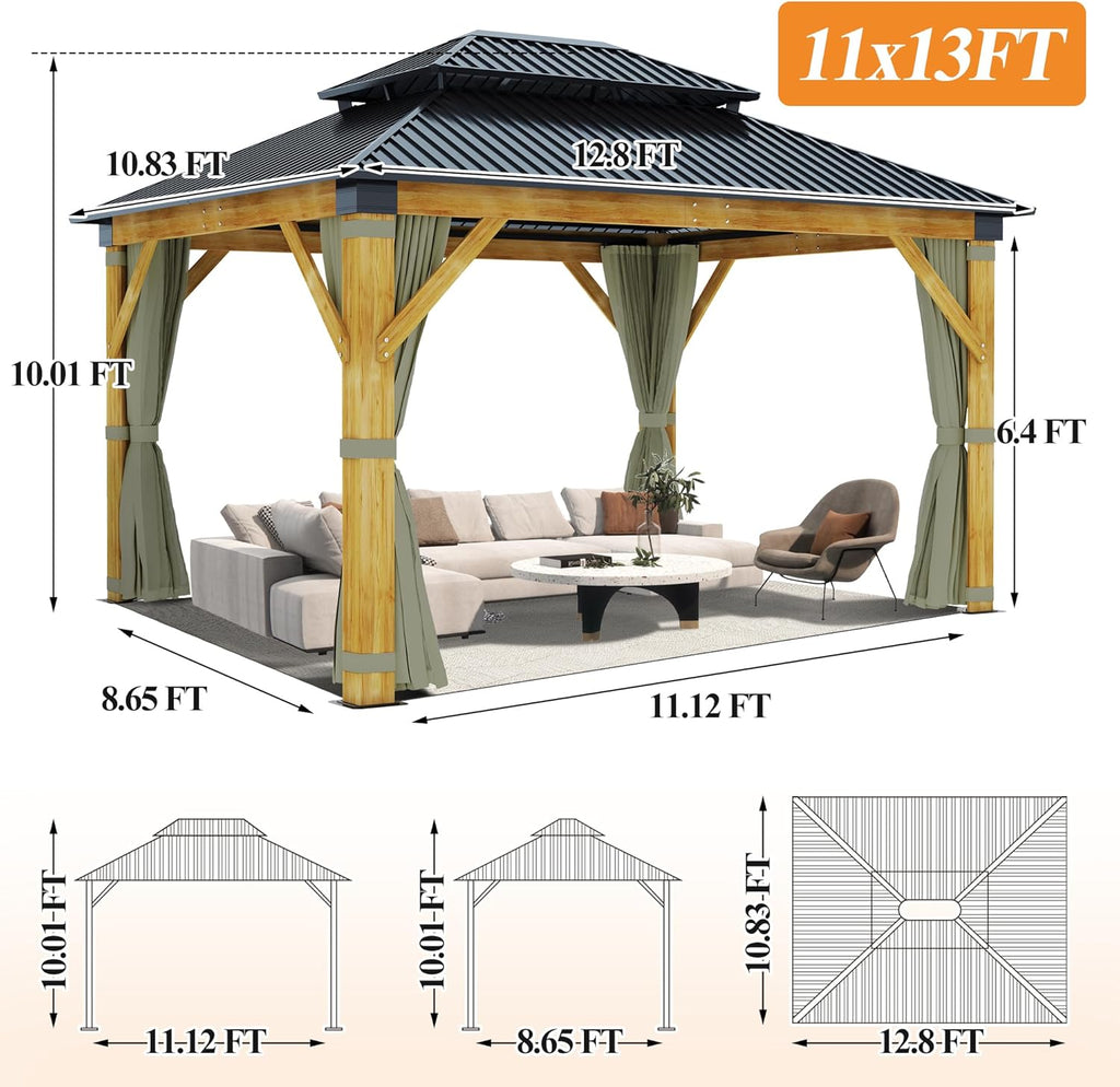 11'x13' Patio Wooden Gazebo with Galvanized Steel Roof and Olive Green Curtains U943705