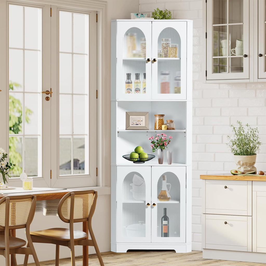 Corner Cabinet with 4 Glass Doors & LED, White Storage Cabinet with 6 Shelves X635813