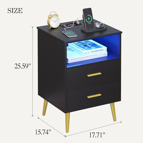 Nightstand Set of 2 with Charging Station and LED Light, Wood Bedside Table with 2 Drawers, Grey T490