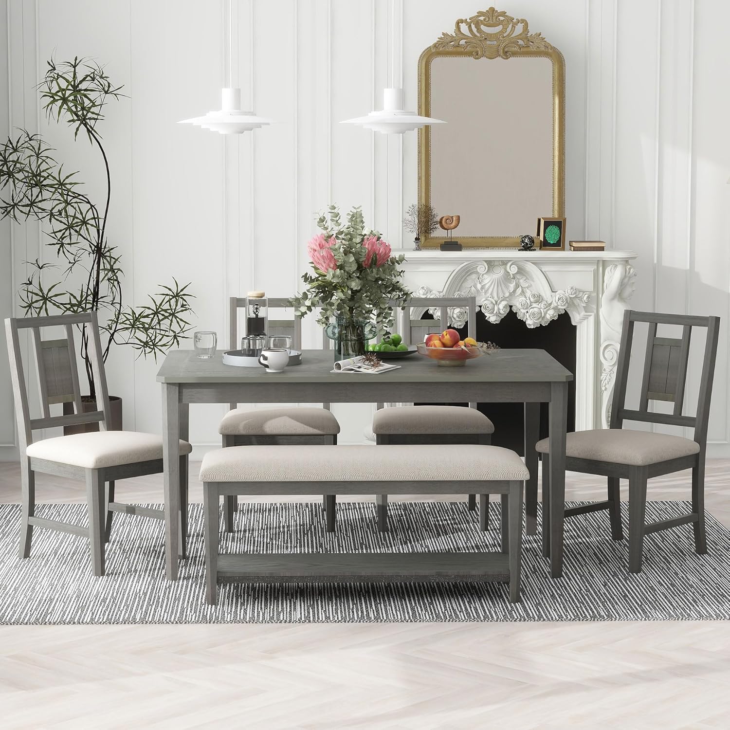 Retro 6-Piece Dining Table Set with 4 Upholstered Chairs and Bench, Solid Wood, Dark Gray Y1797