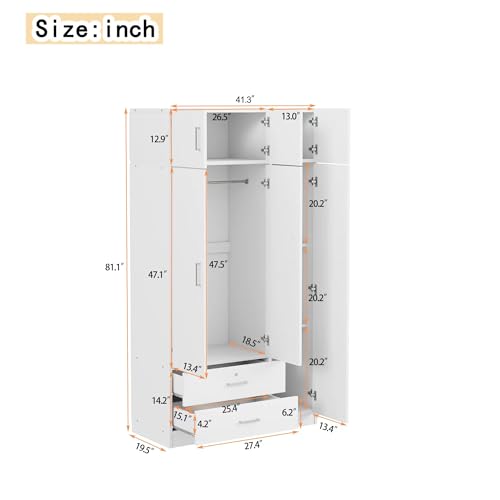 White 3-Door Wardrobe Closet with Drawer and Top Cabinet J149796