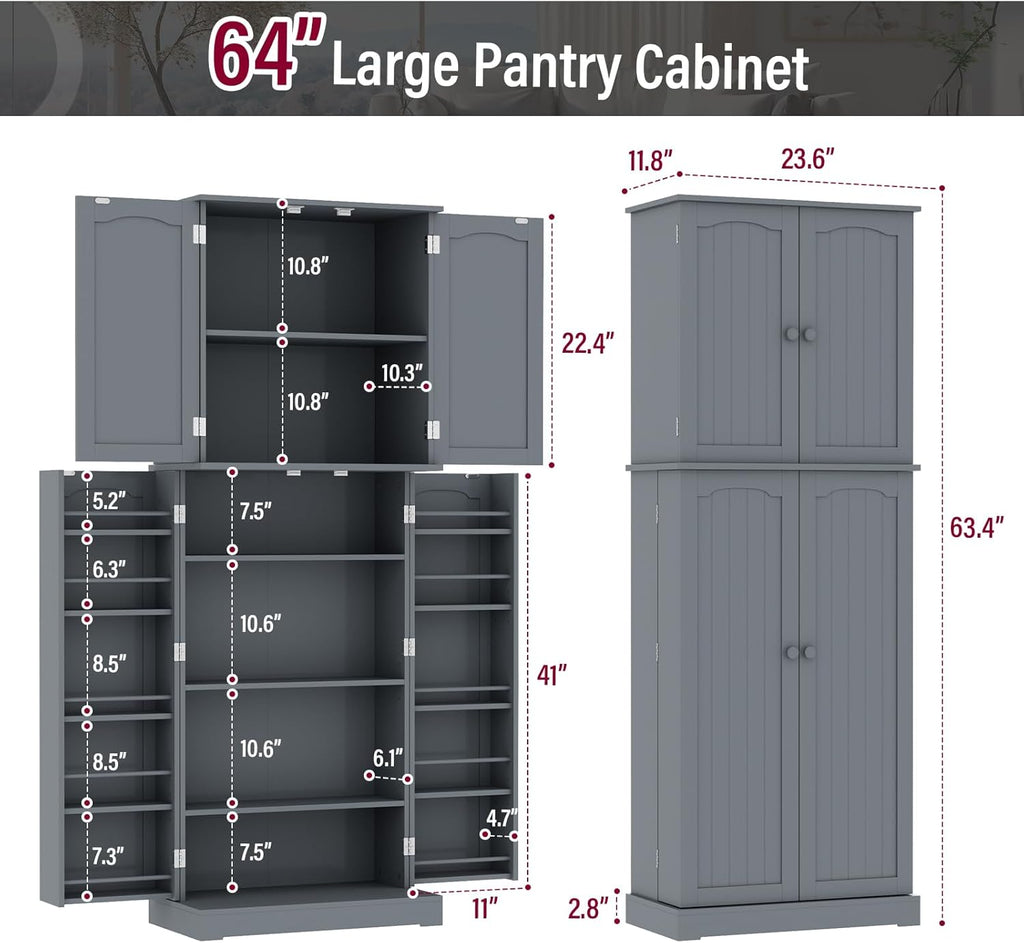 HOME BI 64" Kitchen Pantry Cabinet with Doors and Shelves, Gray Z47661