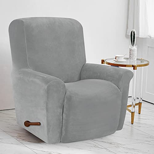 Stretch Recliner Chair Cover 4-Pieces Soft Velvet Slipcover with Pocket (Royal blue) E3839