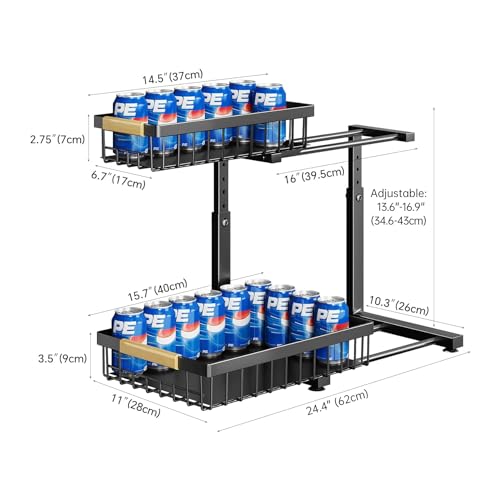 Pull Out Cabinet Organizer, 2 Tier Slide Out Metal Shelf for Kitchen M3554