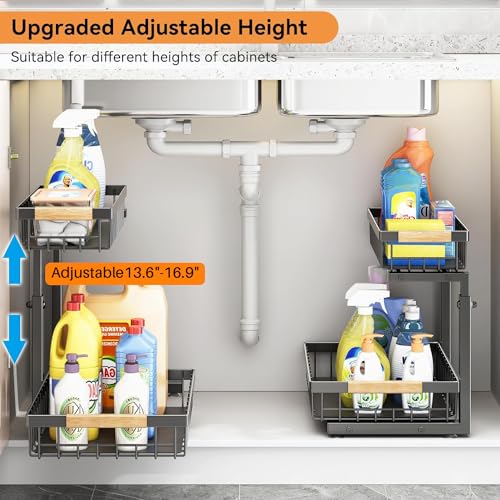 Pull Out Cabinet Organizer, 2 Tier Slide Out Metal Shelf for Kitchen M3554