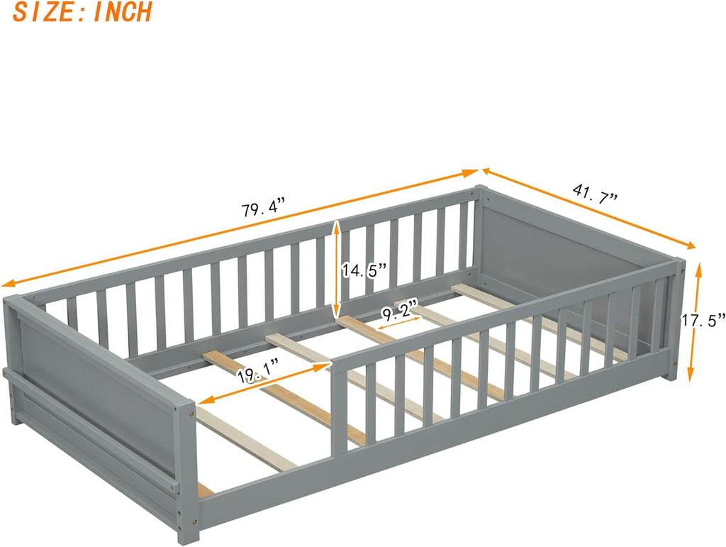 Montessori Floor Bed with Safety Guardrails, Twin Size Solid Pine Wood, Grey P6015