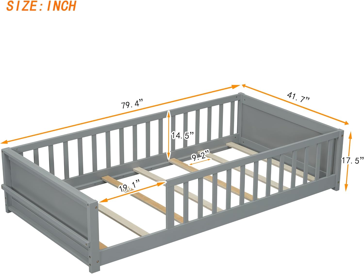 Montessori Floor Bed with Safety Guardrails, Twin Size Solid Pine Wood, Grey P6015