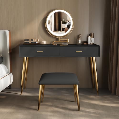 Vanity Desk Set with 360° Rotating Mirror and Lights, Small Makeup Vanity with Microfiber Leather, Vanity Table with 3 Lighting Modes, 2 Drawers, Stool - 31.5in Black