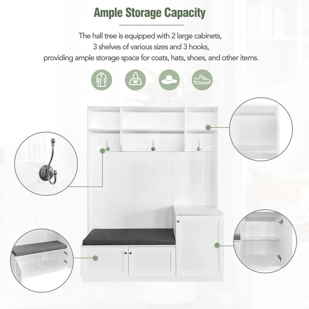 Entryway Hall Tree with Cushion Bench and Shoe Storage, White T38054