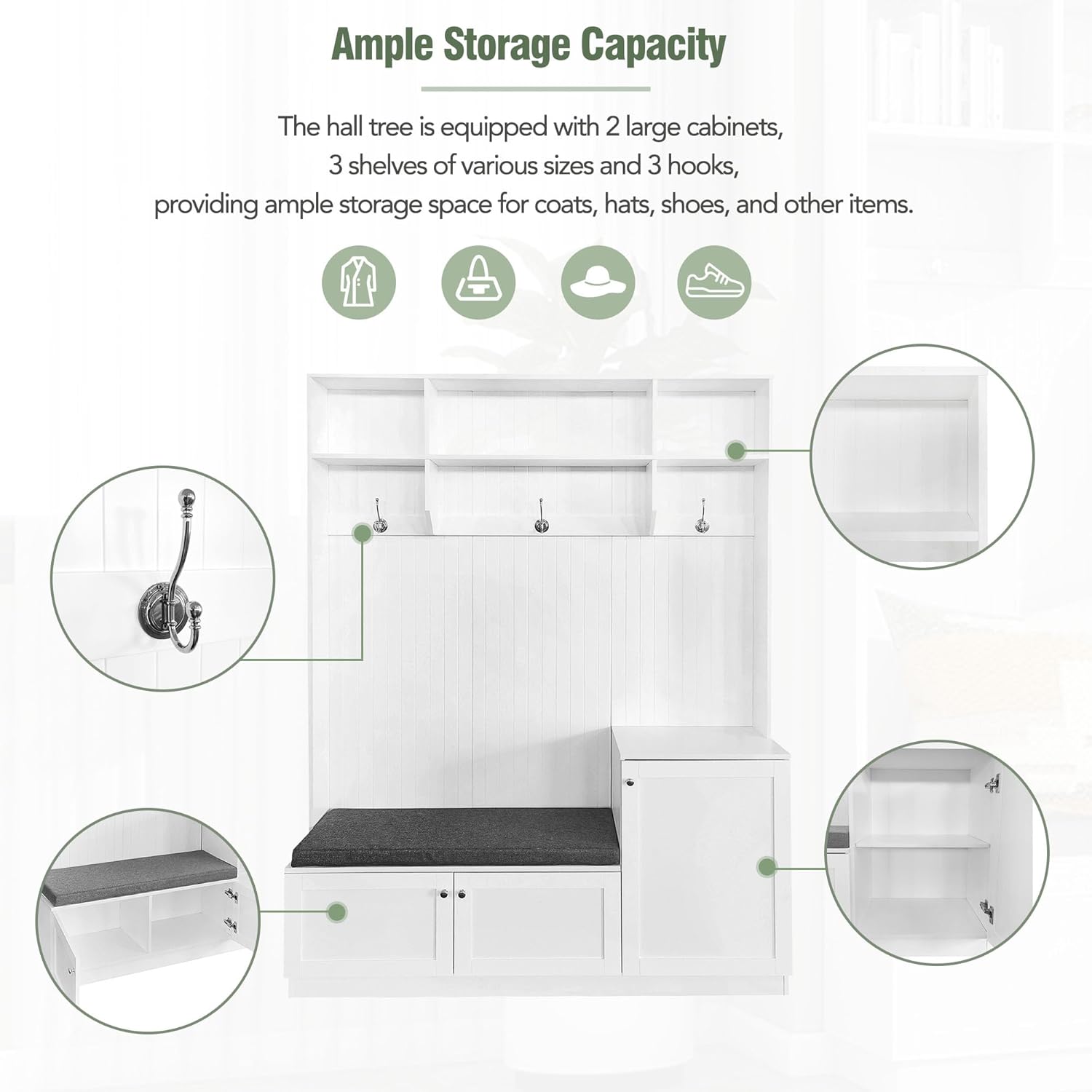 Entryway Hall Tree with Cushion Bench and Shoe Storage, White T38054