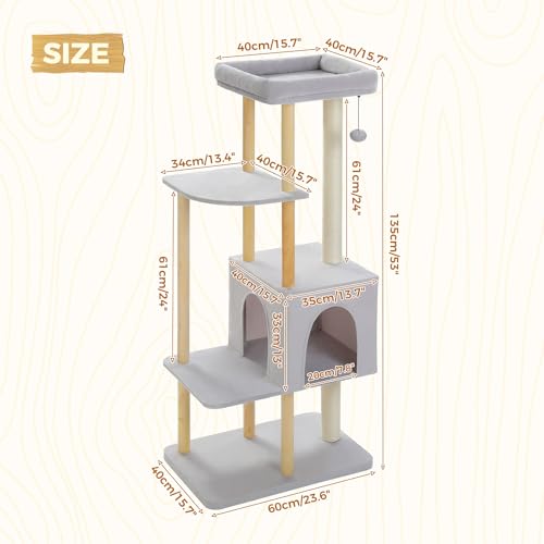 PAWZ Road Large Cat Tree, 53 Inches Modern Wooden Cat Tower for Indoor Cats R627