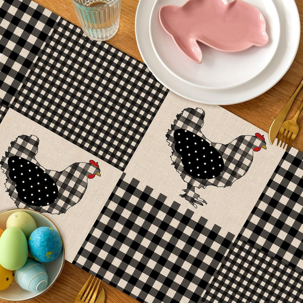 Seliem Farm Animal Chicken Hen Black White Buffalo Plaid Table Runner 13x72 K645263