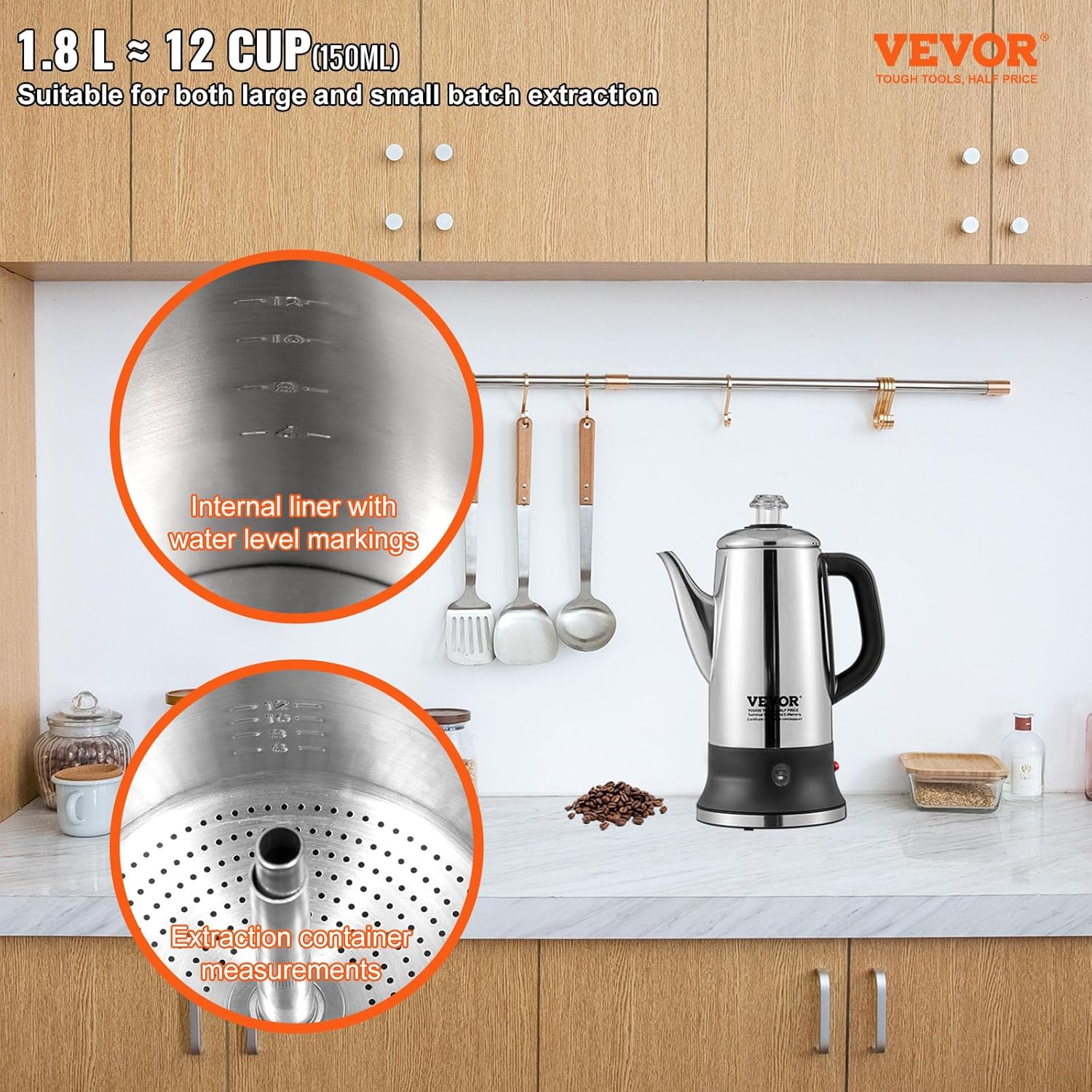 VEVOR 12-Cup Electric Percolator Coffee Pot, 304 Stainless Steel, Silver A1649