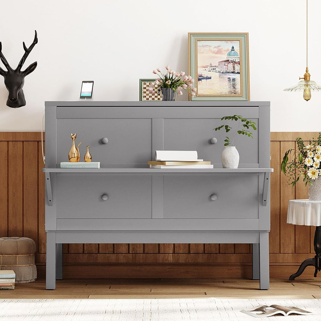 Full Size Murphy Wall Bed with Cabinet and USB Port, Gray E415639