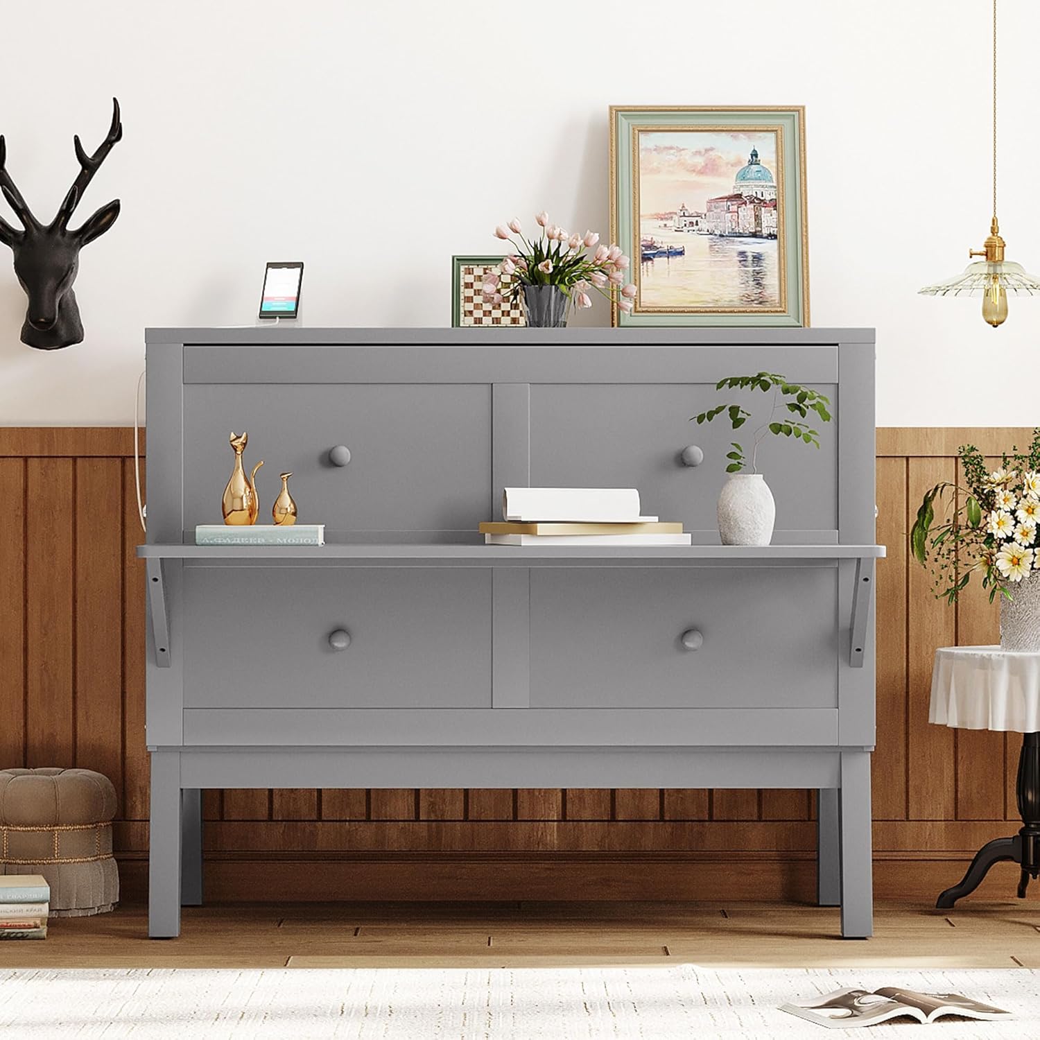 Full Size Murphy Wall Bed with Cabinet and USB Port, Gray E415639