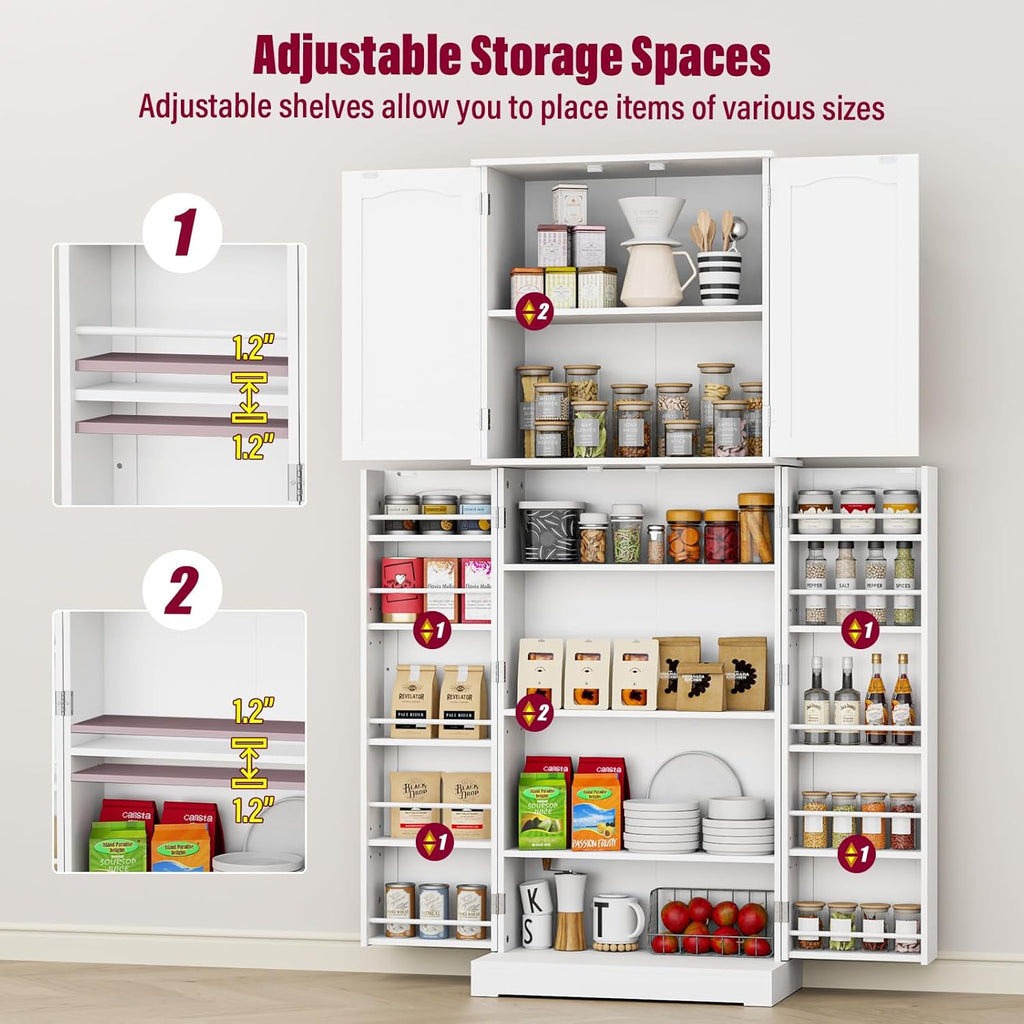 HOME BI 64" Kitchen Pantry Cabinet, Freestanding with Doors and Shelves, White E794