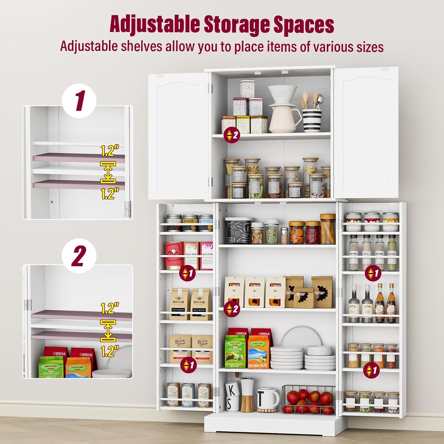 HOME BI 64" Kitchen Pantry Cabinet, Freestanding with Doors and Shelves, White E794