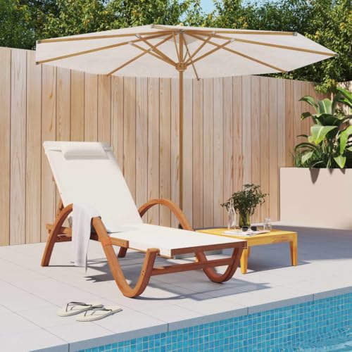 Sun Lounger with Pillow White Textilene and Solid Wood Poplar,Luxurious Patio Sun Lounger Adjustable Reclining Backrest for Optimal Comfort Textilene and Poplar Wood, 1