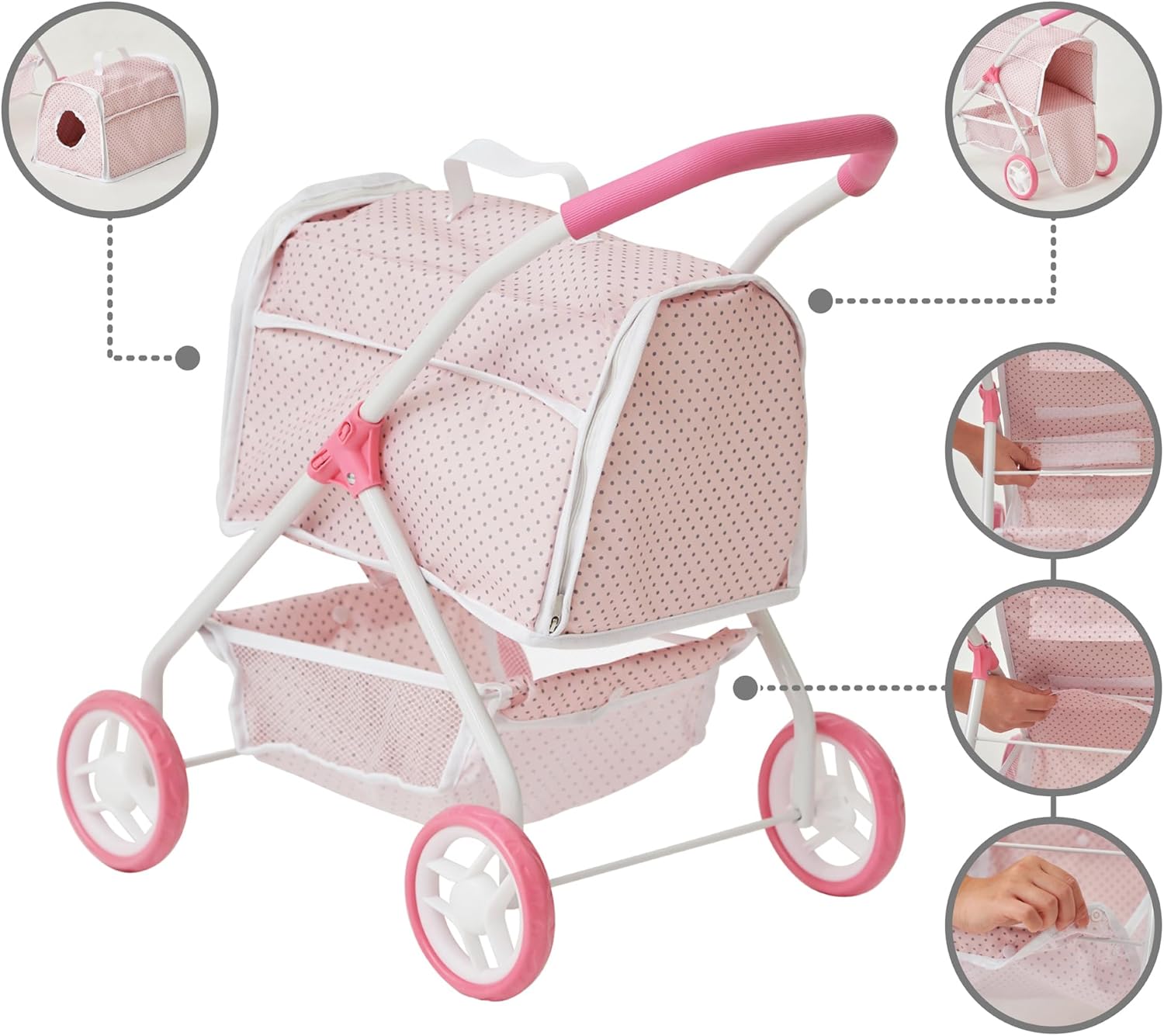 Olivia's Little World Polka Dots Princess Doll Stroller with Detachable Pet Carrier, Pink/Gray H22563