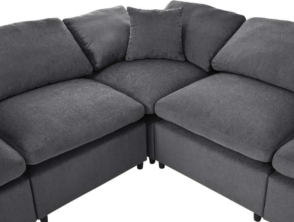 Deep Seat Convertible Modular Sectional Sofa with Movable Ottoman, 7 Seater Polyester Upholstery H8701