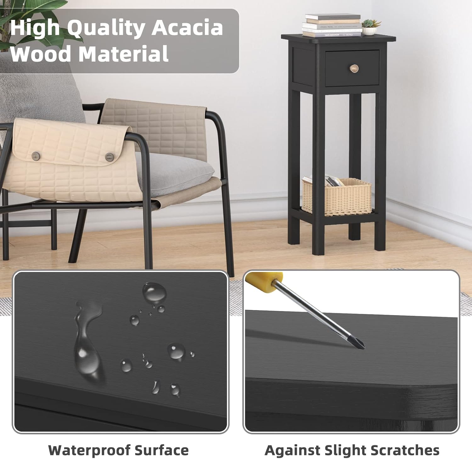 GORELAX Narrow End Table Set of 2 with Drawer & Shelf, Black V9015