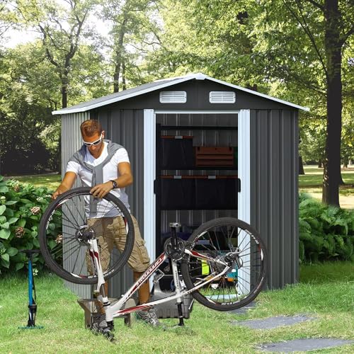 4ever2buy 8x6FT Outdoor Storage Shed with Sliding Door, Grey H555654