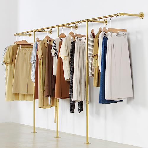 Gold Wall Mounted Clothing Rack with 3 T-Bar Design and Wooden Shelves G810780