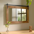 Farmhouse Barn Door Mirror - 41" x 26" Rustic Wood Framed Wall Mirror for Bathroom, Living Room, Bedroom Wall Decor (Brown)