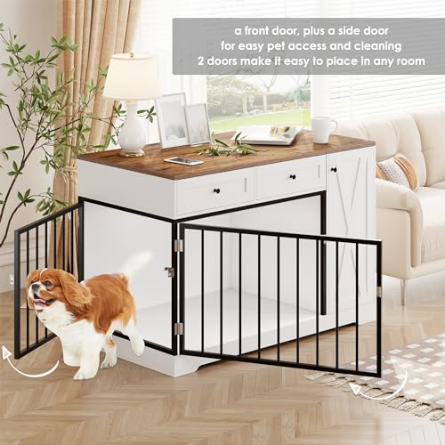Wooden Dog Crate Furniture with Double Doors and Storage Cabinet for Small Medium Dogs, White H121