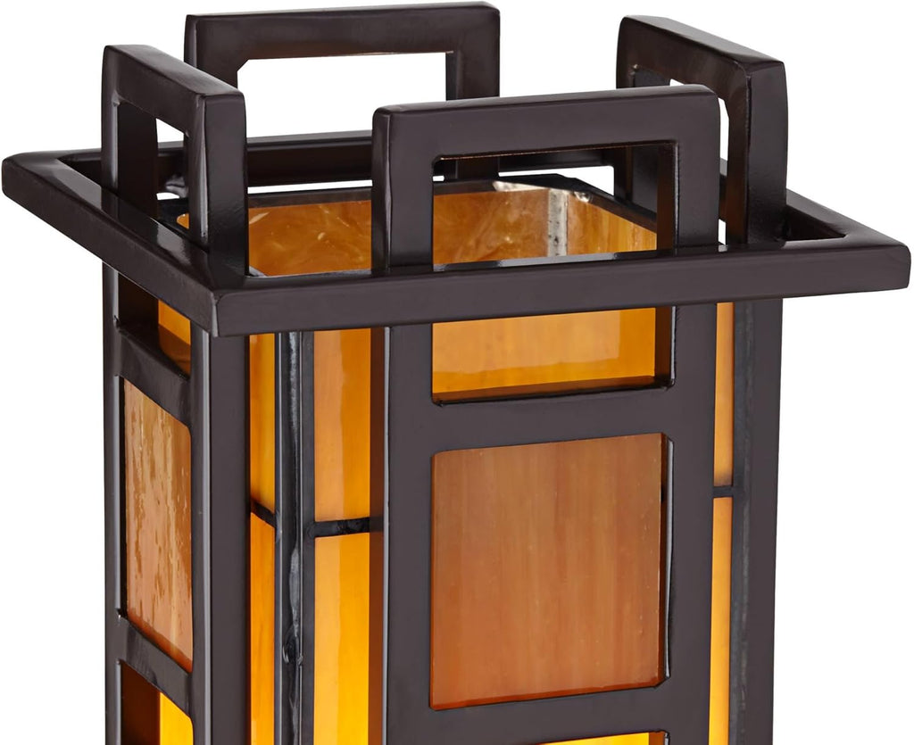 Robert Louis Tiffany Prairie Style Mission Rustic Pillar Accent Table Lamp Bronze Iron Hand-Cut Amber Stained Art Glass U394292