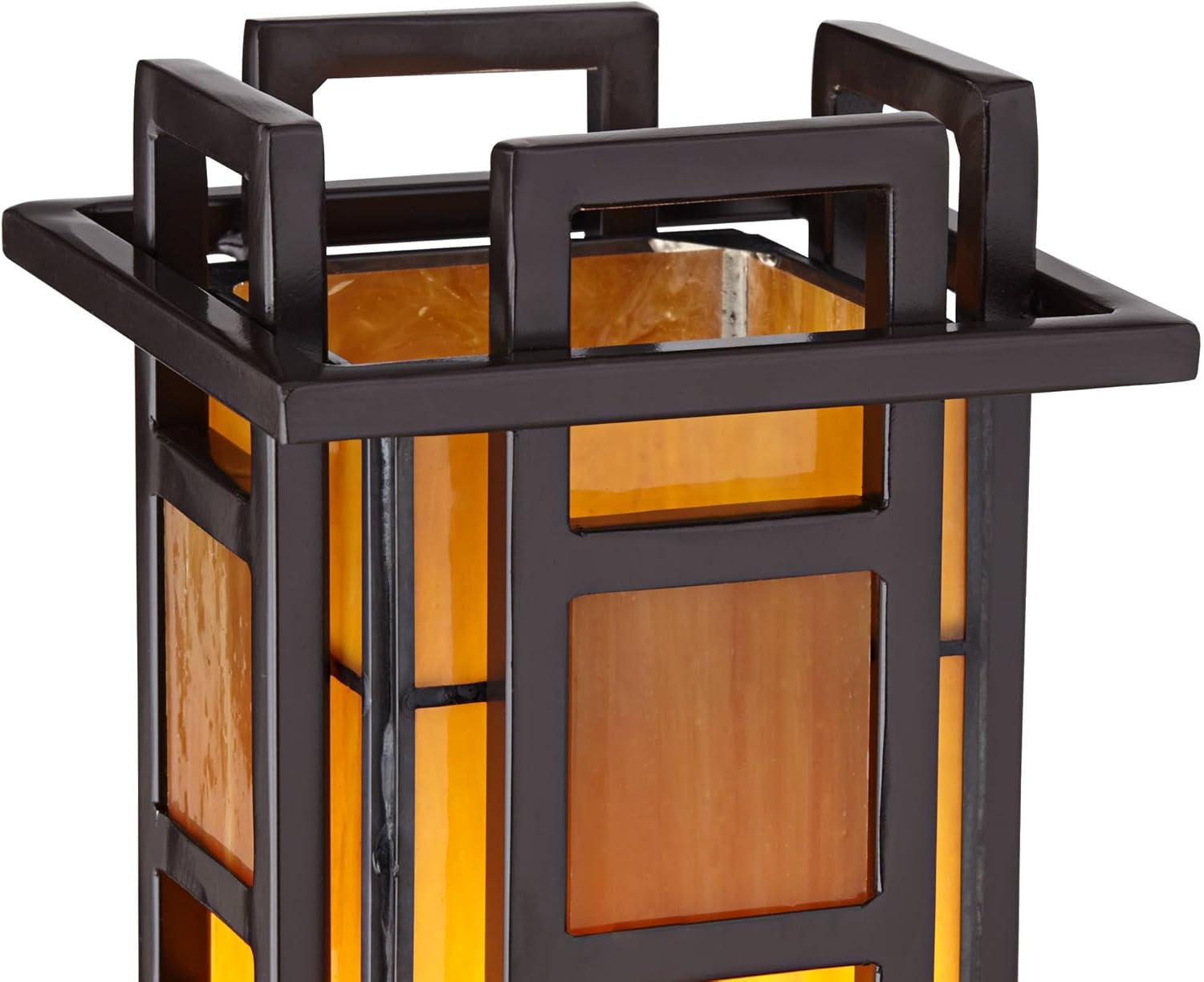 Robert Louis Tiffany Prairie Style Mission Rustic Pillar Accent Table Lamp Bronze Iron Hand-Cut Amber Stained Art Glass U394292