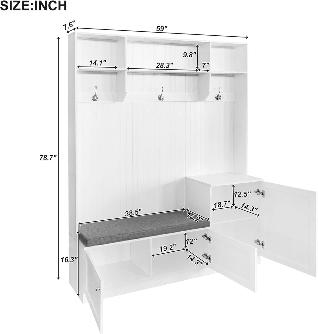 Entryway Hall Tree with Cushion Bench and Shoe Storage, White T38054