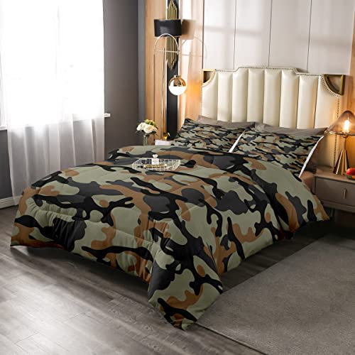 Camouflage Bedding Set Queen Size, Boys Camo Comforter Set with Two Pillowcases, Orange and Brown V2620