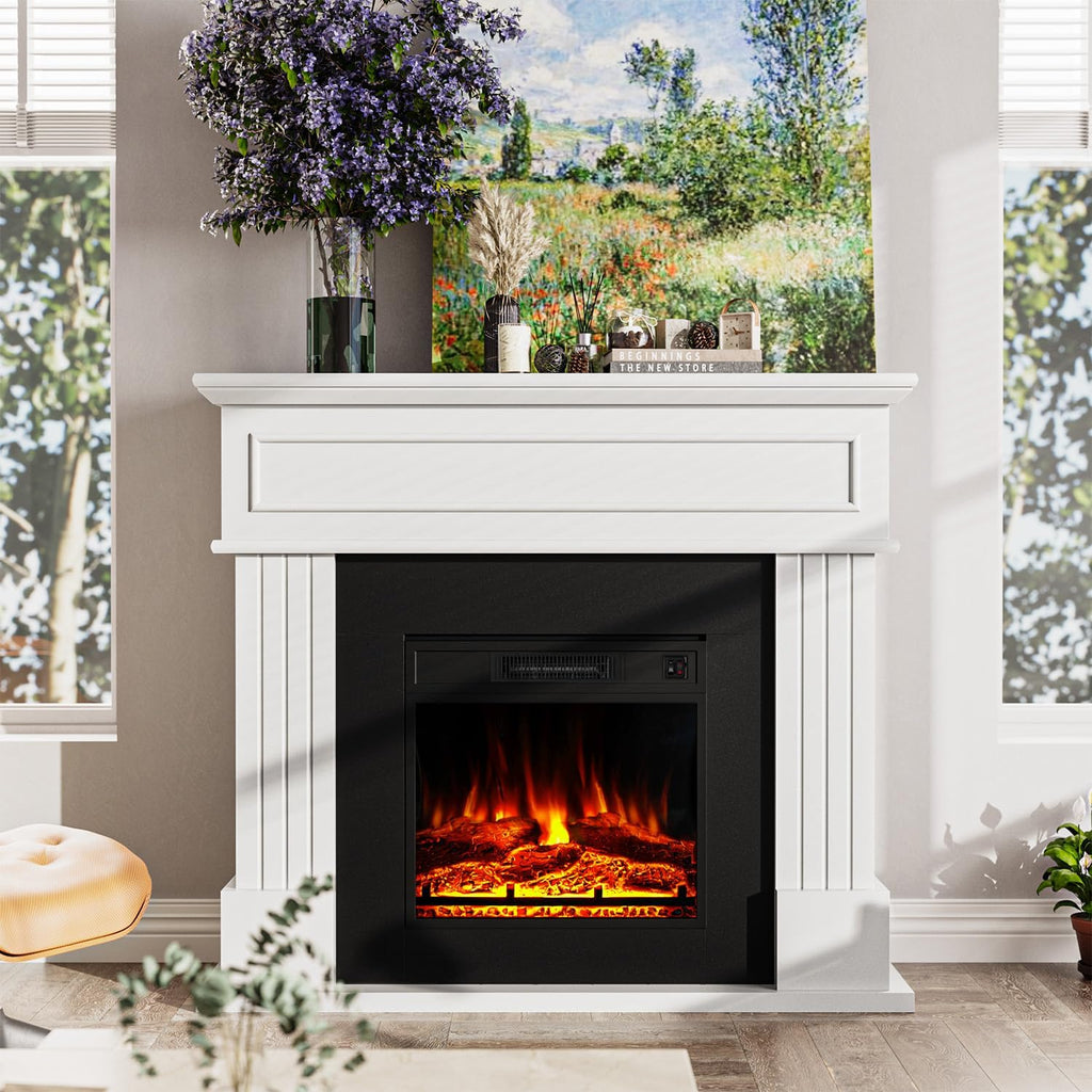 Electric Fireplace with 43" Mantel, 18 inchs Electric Fireplace Insert, Freestanding TV Stand with Fireplace Heater, Faux Log & Led Flames, 1500W Fireplace for Living Room