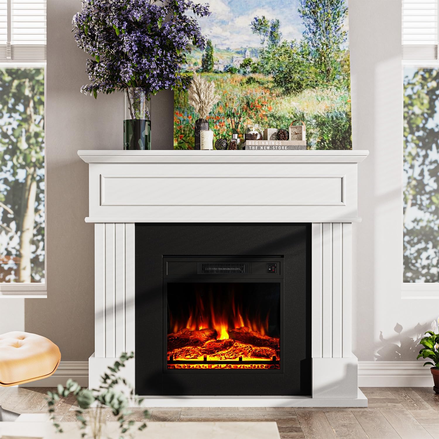 Electric Fireplace with 43" Mantel, 18 inchs Electric Fireplace Insert, Freestanding TV Stand with Fireplace Heater, Faux Log & Led Flames, 1500W Fireplace for Living Room
