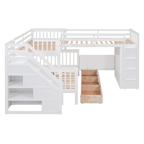 Harper & Bright Designs L-Shape Triple Bunk Bed with Stairs, Desk & Wardrobe, Espresso D9172