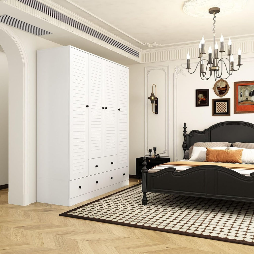 Rustic White Slat Door Wardrobe Closet with 5 Drawers and 4 Doors T542480
