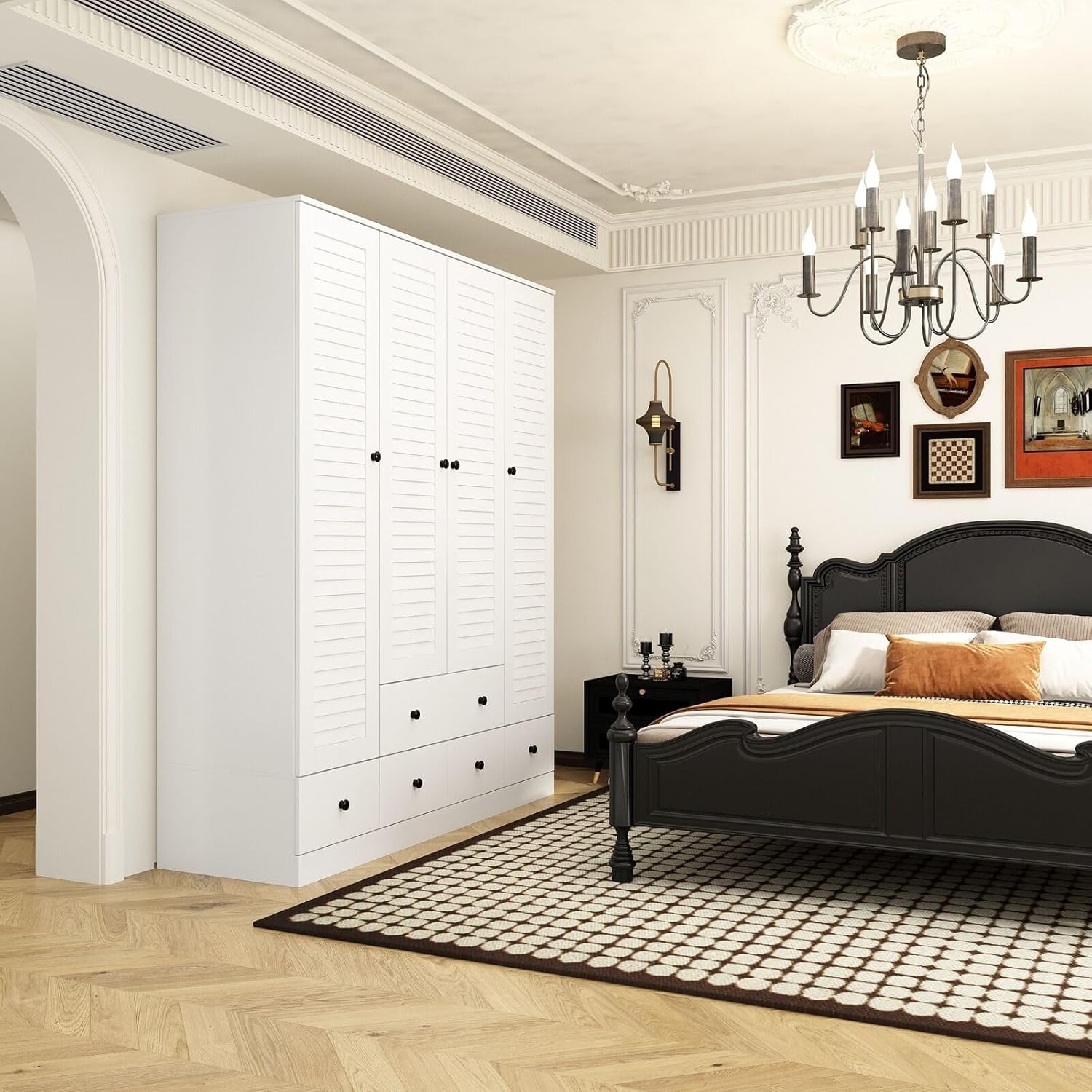 Rustic White Slat Door Wardrobe Closet with 5 Drawers and 4 Doors T542480