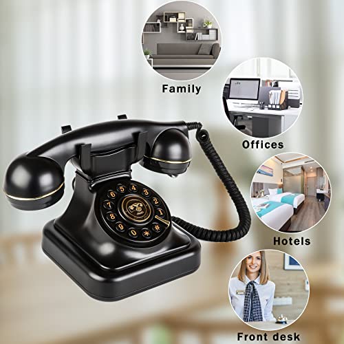 Retro Rotary Landline Telephone, Classic Corded Desk Phone for Home Office (Black) B344143