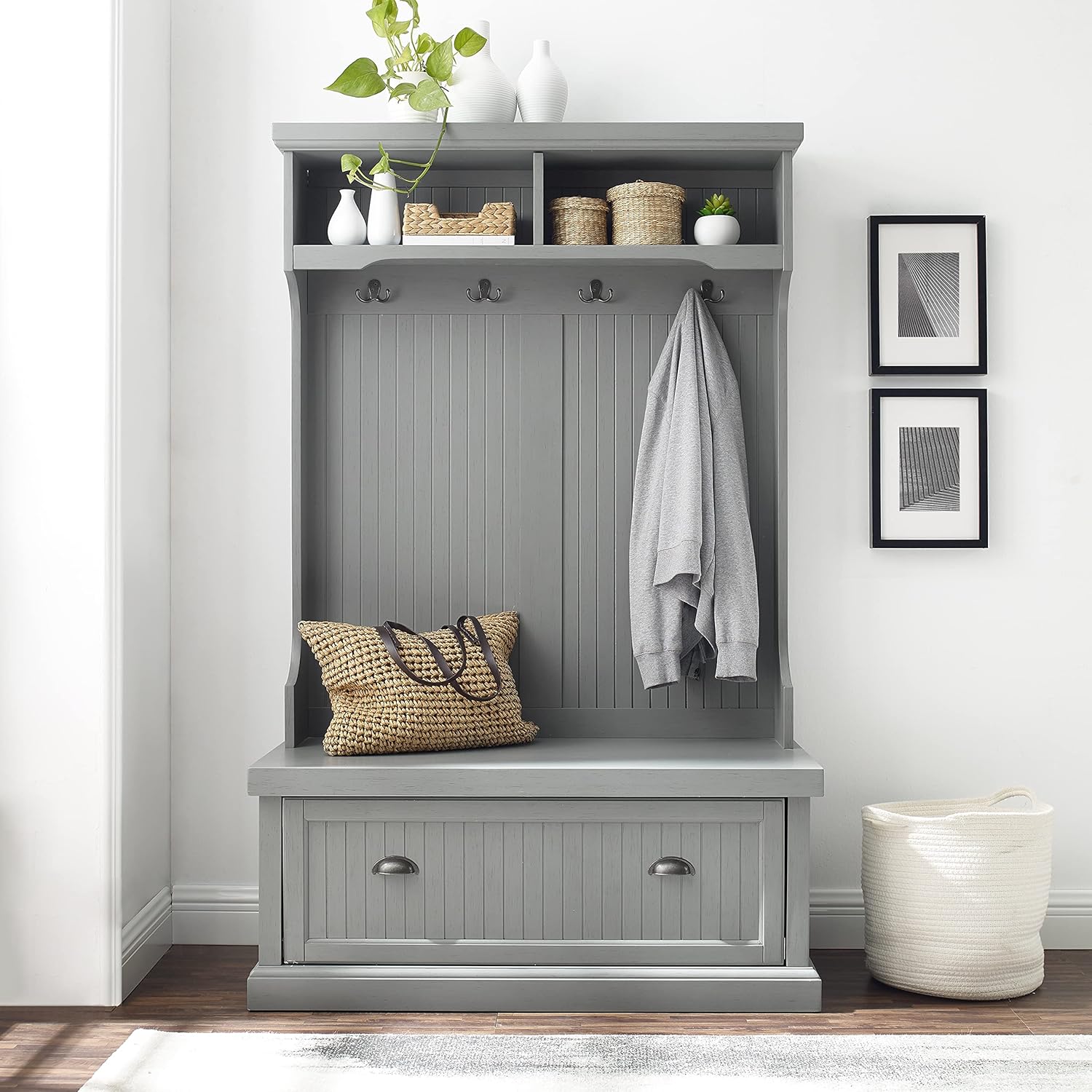 Crosley Furniture Seaside Hall Tree with Coat Rack and Shoe Cabinet, Distressed Gray B83567