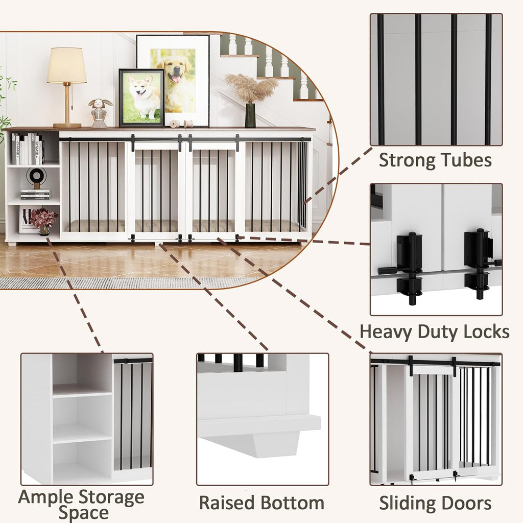 Large Dog Crate Furniture 86.6" Wooden Kennel for 2 Dogs with Shelves, White N47059