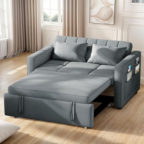 YITAHOME 55" Convertible Sofa Bed, 3-in-1 Sleeper Sofa, Velvet Futon Couch, Grey Z8630