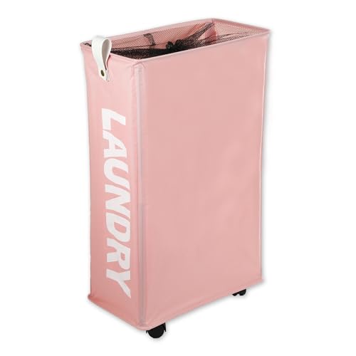 VOCOSTE Laundry Basket With Wheels, 27" Tall Rolling Laundry Basket, 55L Slim Laundry Hamper on Wheels, Narrow Laundry Hamper for Closet, Clothes Hamper with Handle for Corner Dorm, Green